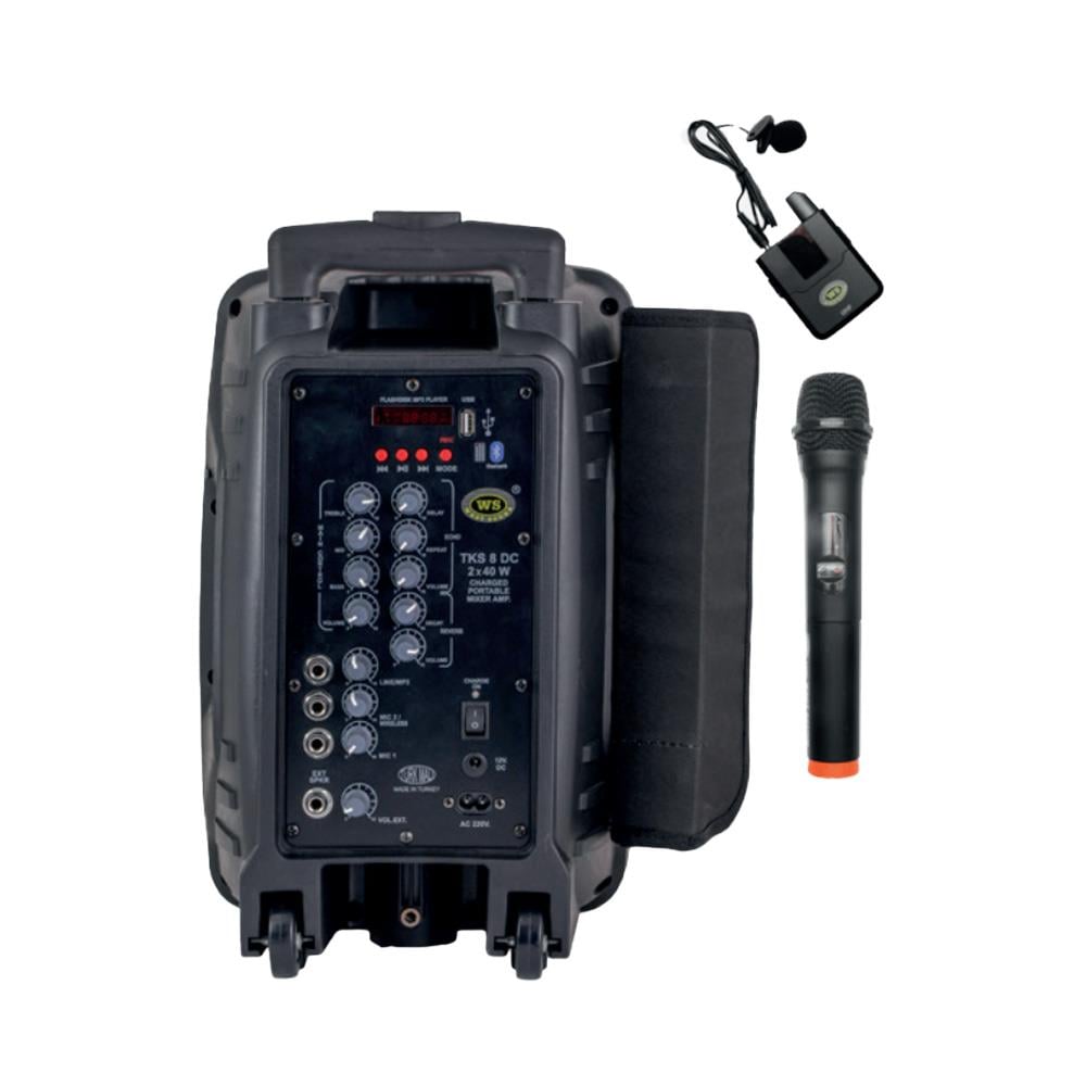 WESTSOUND TKS 8 DC 2X40 WATT 1 EL-1 YAKA TELSİZ MİKROFONLU TAŞINABİLİR HOPARLOR 