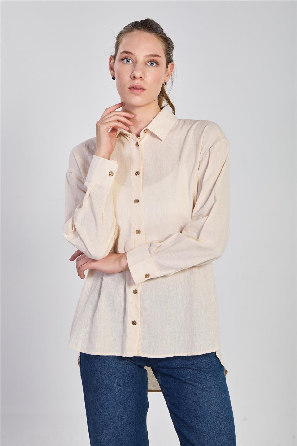 Ahşap düğmeli oversize gömlek-4601 Taş