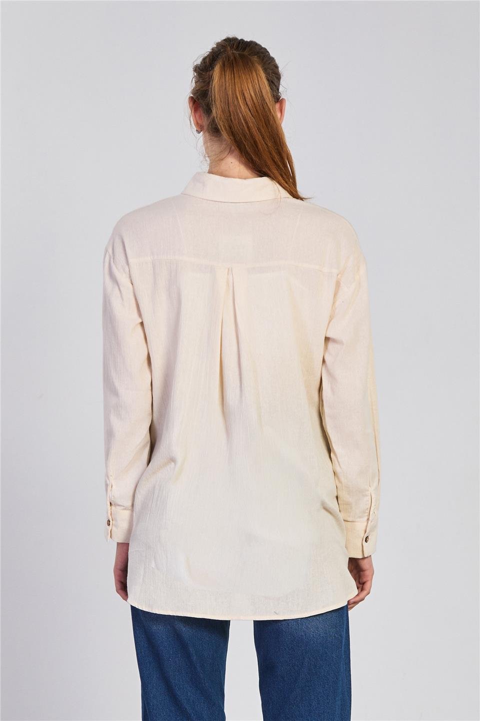 Ahşap düğmeli oversize gömlek-4601 Taş