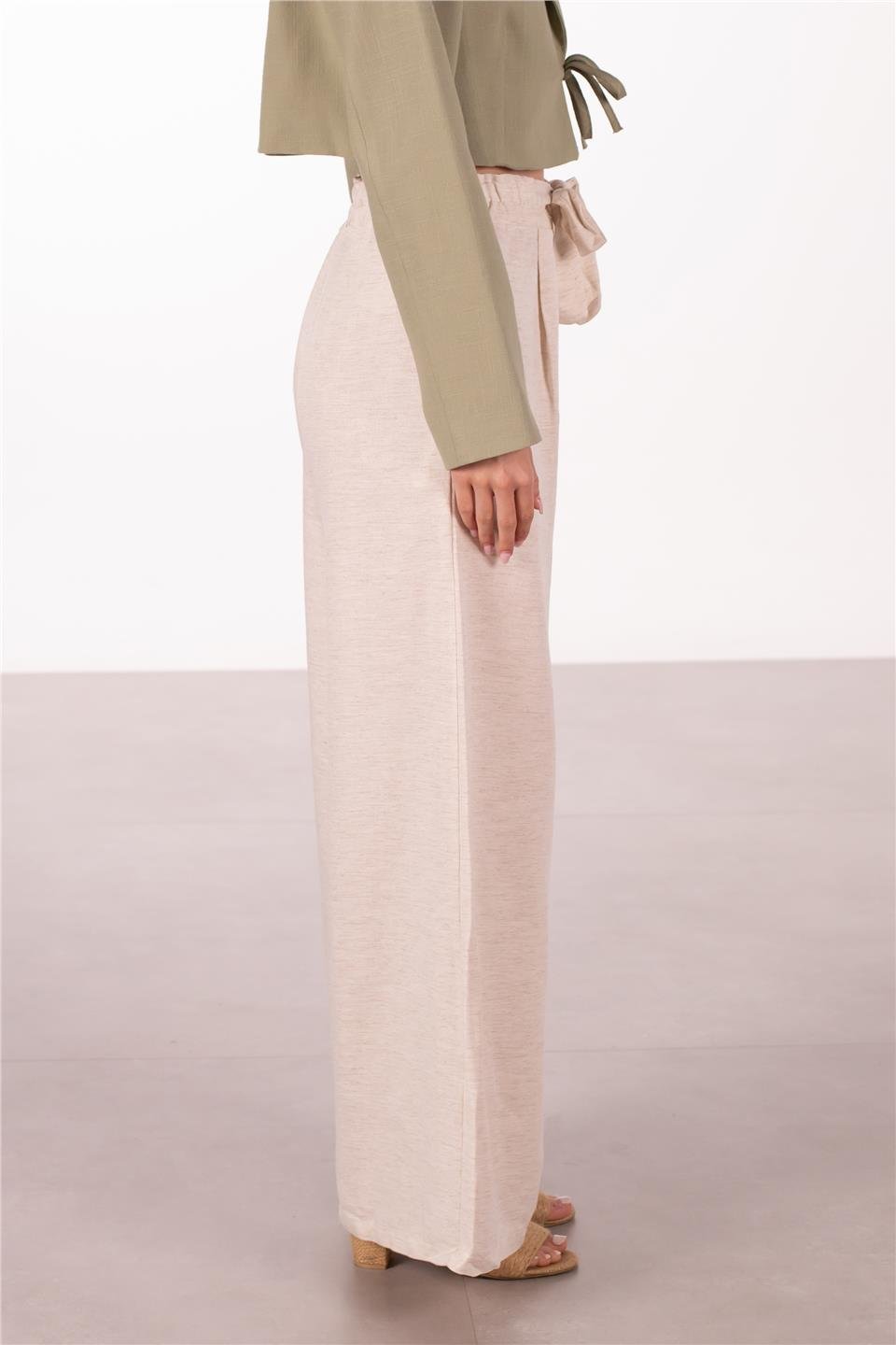 Bağlamalı keten bol pantolon-5957 Natural