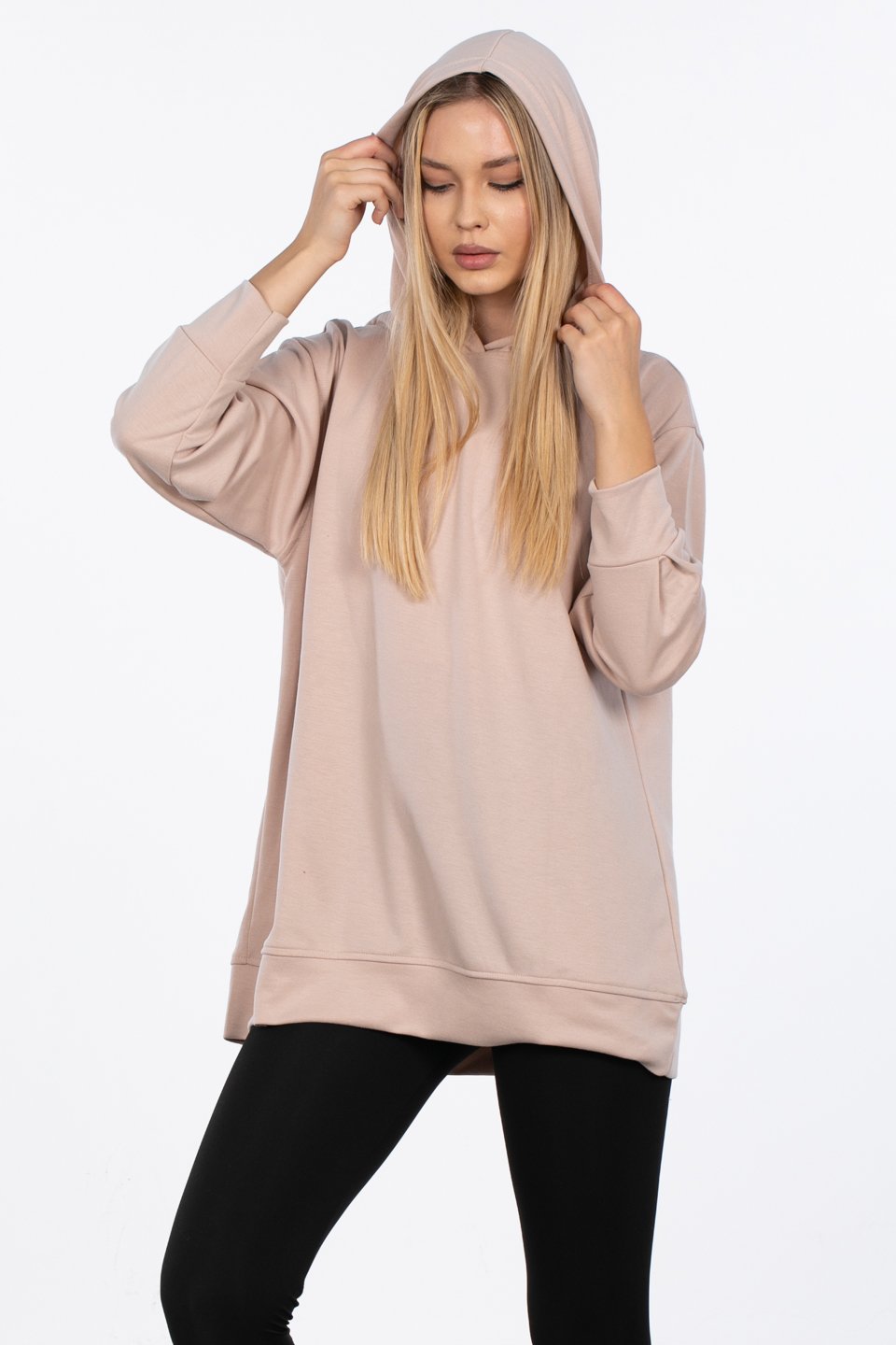 Basıc kapüşonlu sweatshirt-DVN0828 Bej