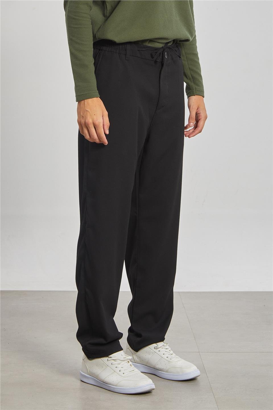 Beli Bağlamalı Erkek Pantolon - Siyah
