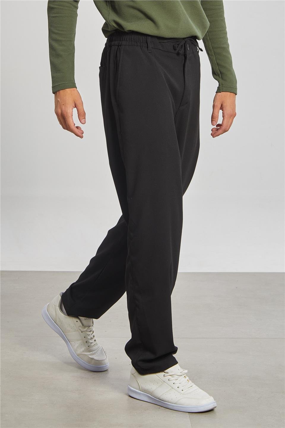 Beli Bağlamalı Erkek Pantolon - Siyah