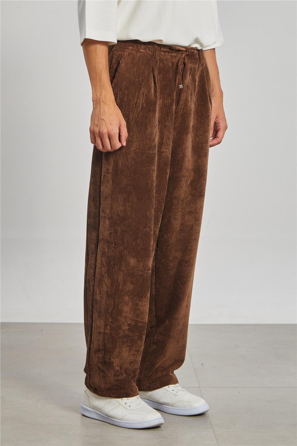 Beli Bağlamalı Kadife Erkek Pantolon - Kahve