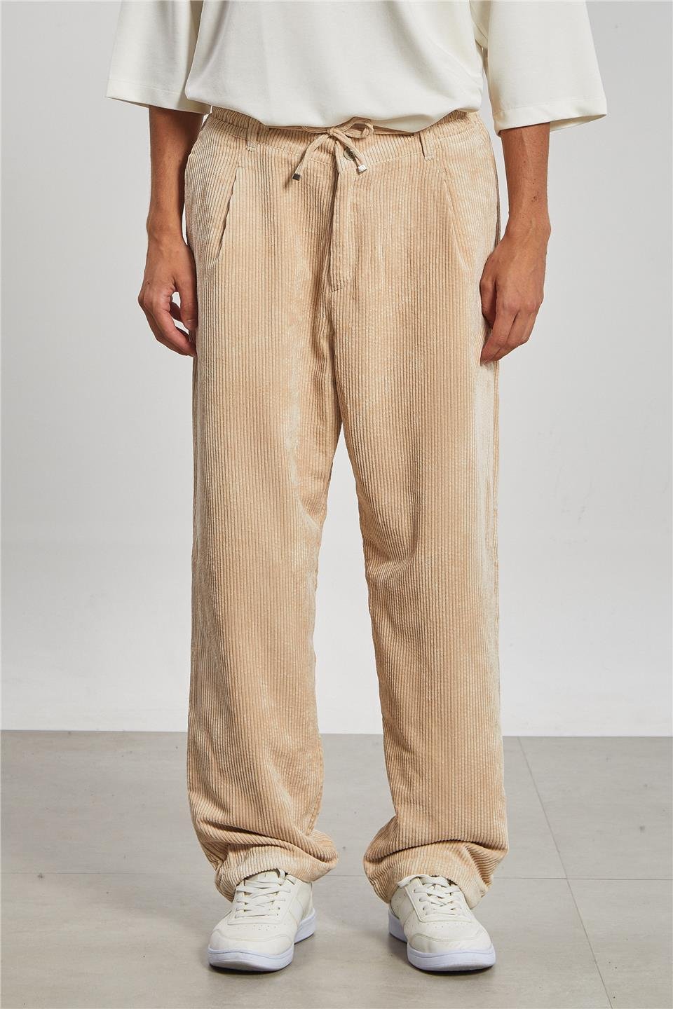 Beli Bağlamalı Kadife Erkek Pantolon - Taş Rengi