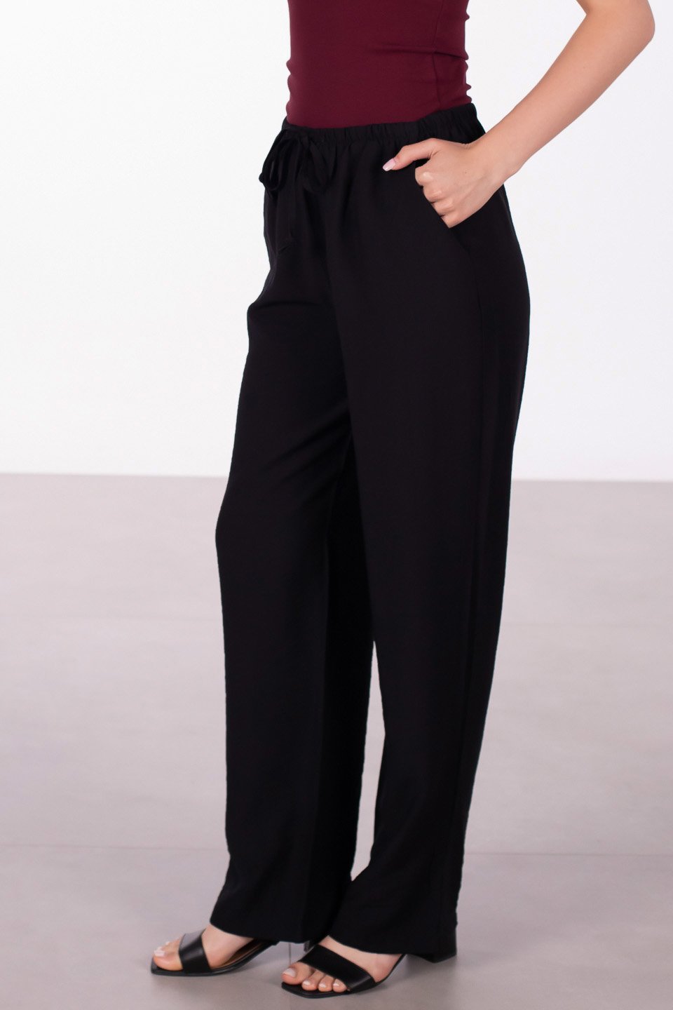 Beli bağlamalı keten bol paça pantolon-2306 Siyah