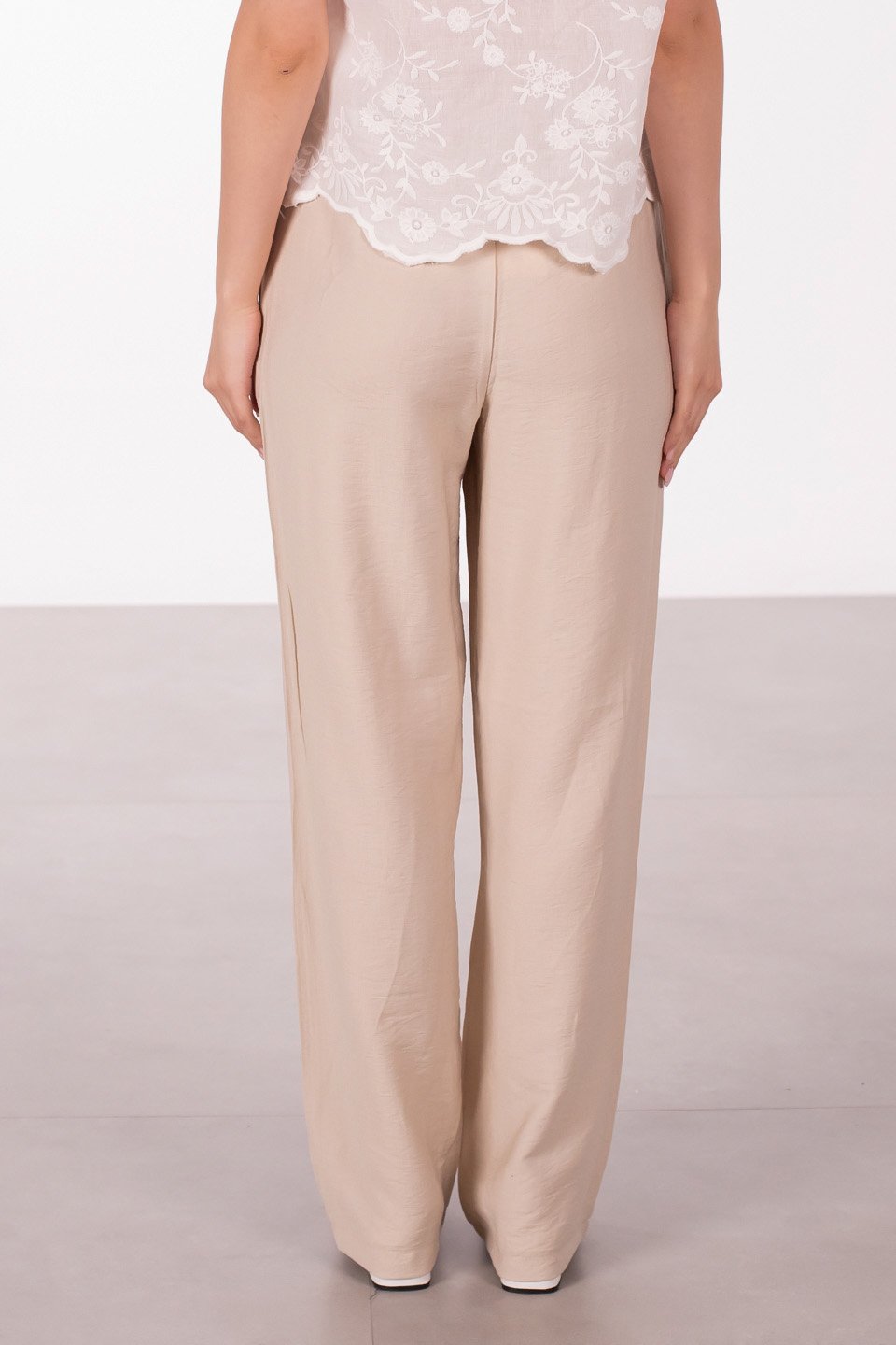 Beli bağlamalı keten bol paça pantolon-2306 Taş