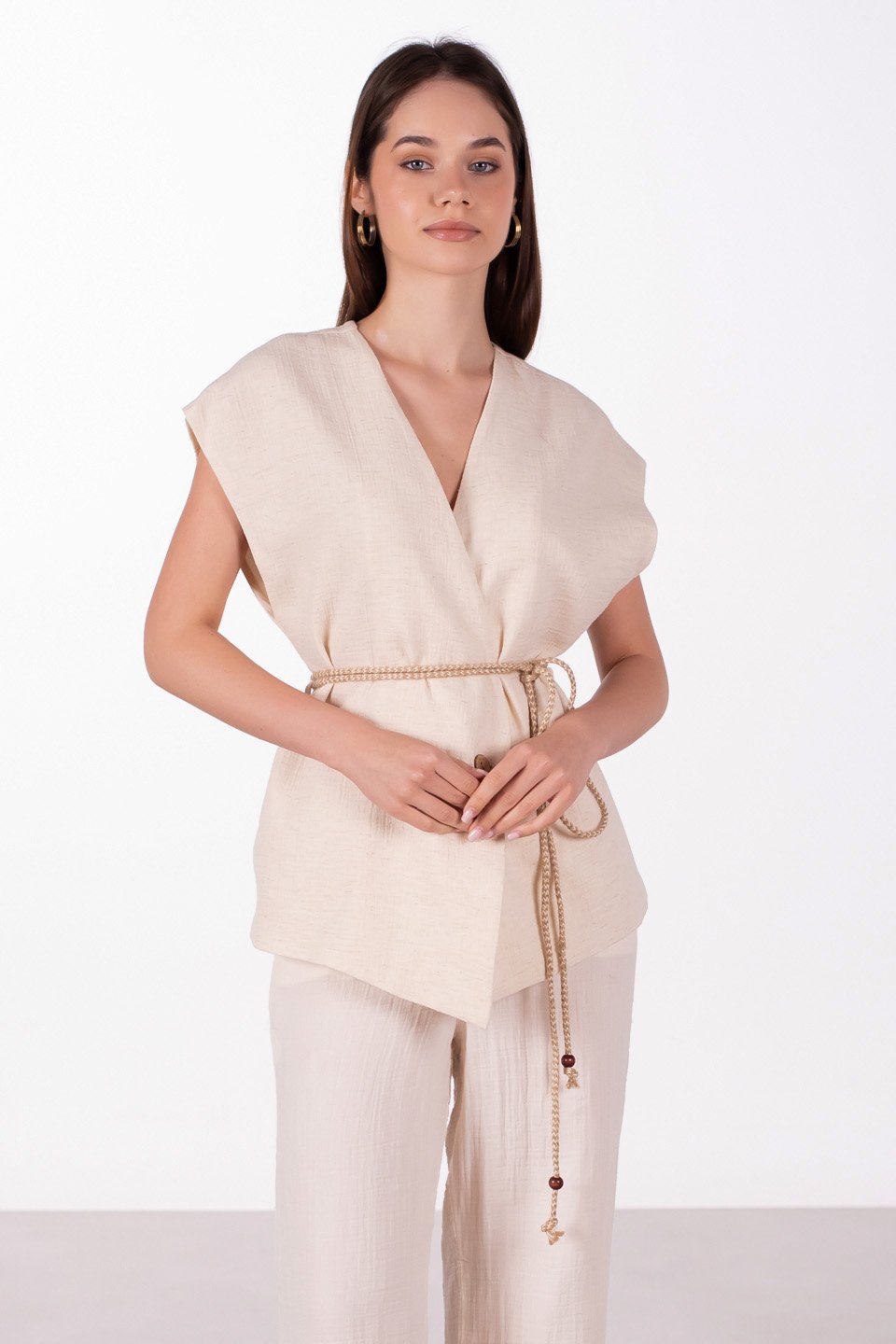 Beli bağlamalı müslin yelek-2390 SUMMER Natural