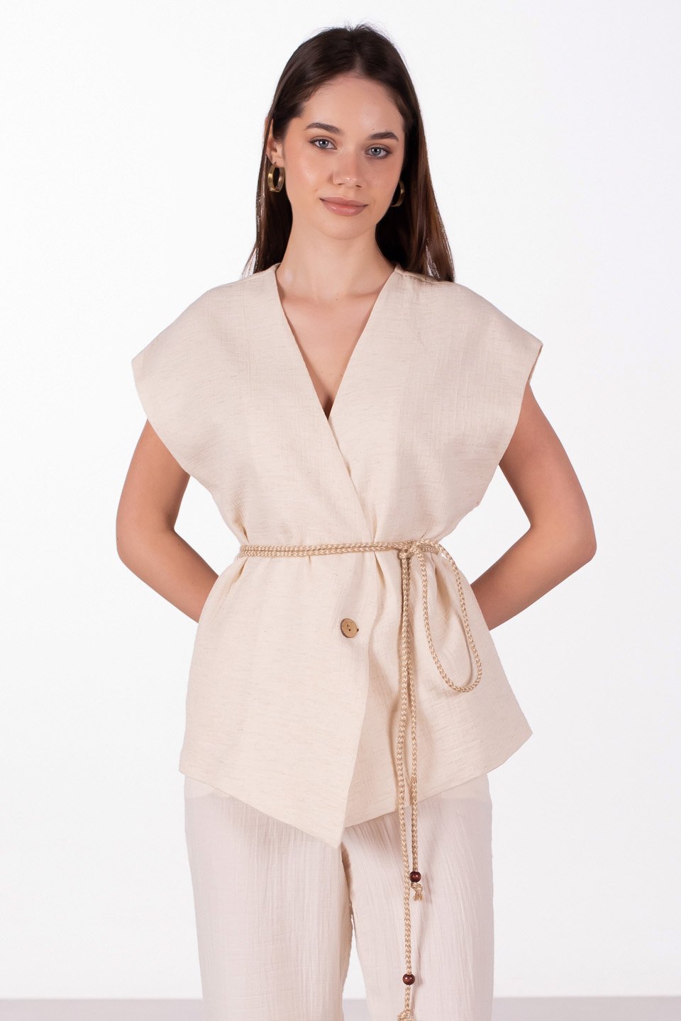 Beli bağlamalı müslin yelek-2390 SUMMER Natural