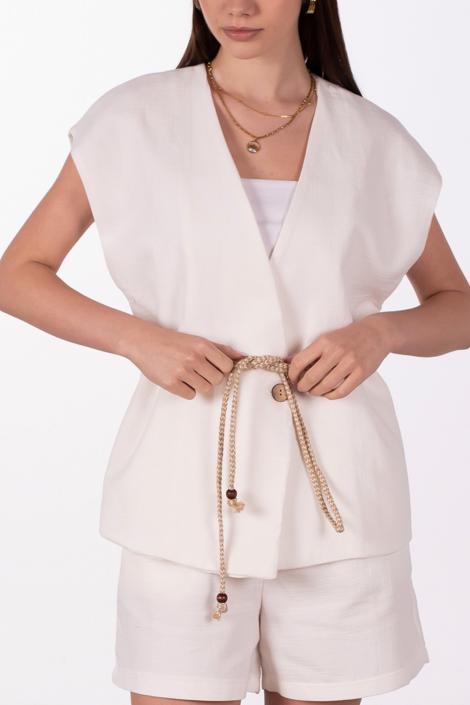 Beli bağlamalı müslin yelek-2390 SUMMER Beyaz