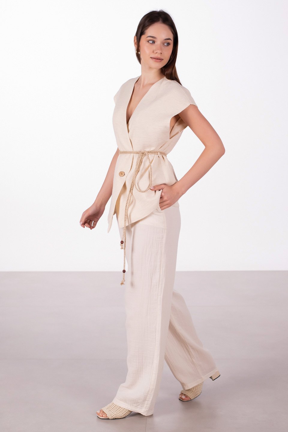 Beli bağlamalı müslin yelek-2390 SUMMER Natural