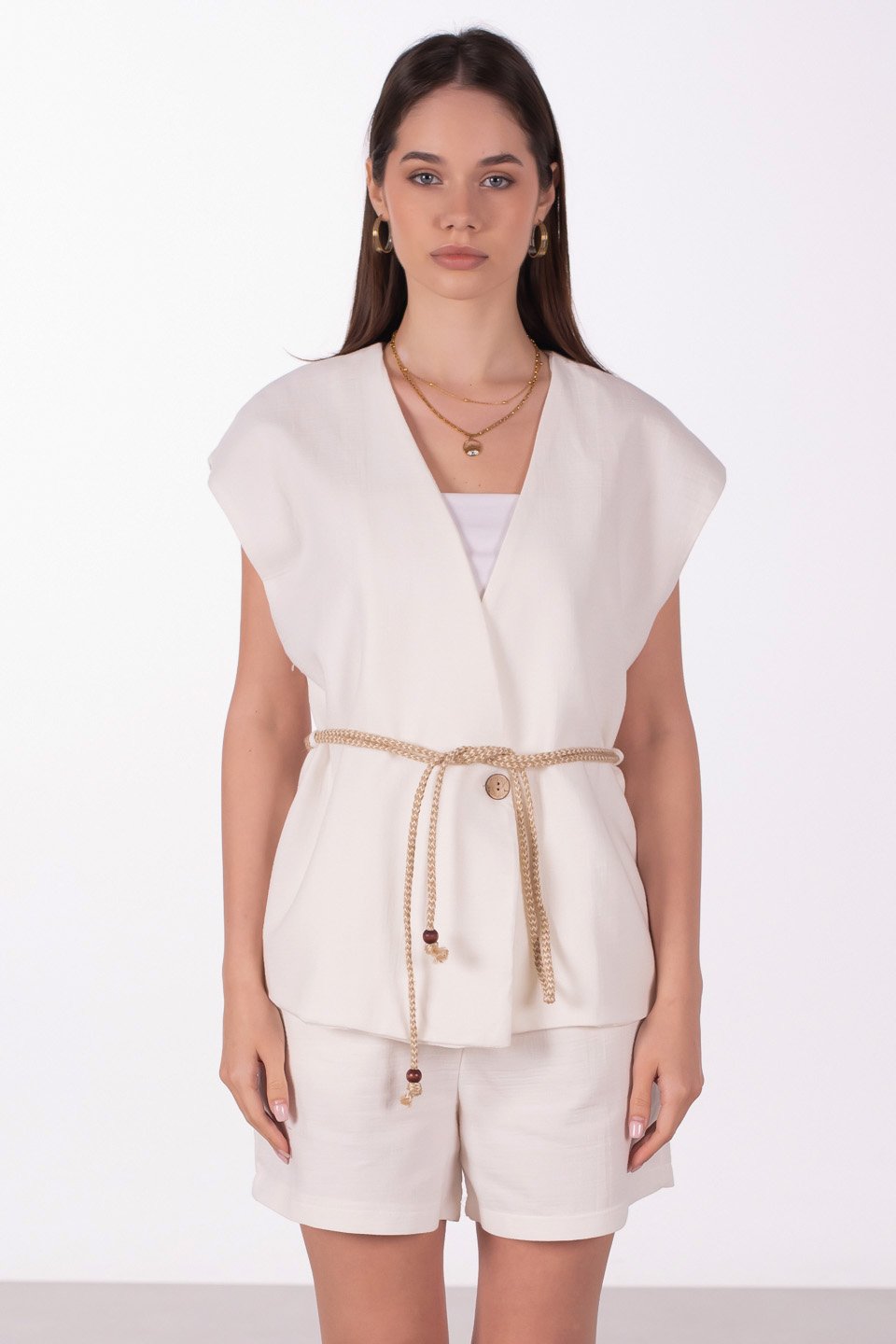 Beli bağlamalı müslin yelek-2390 SUMMER Beyaz