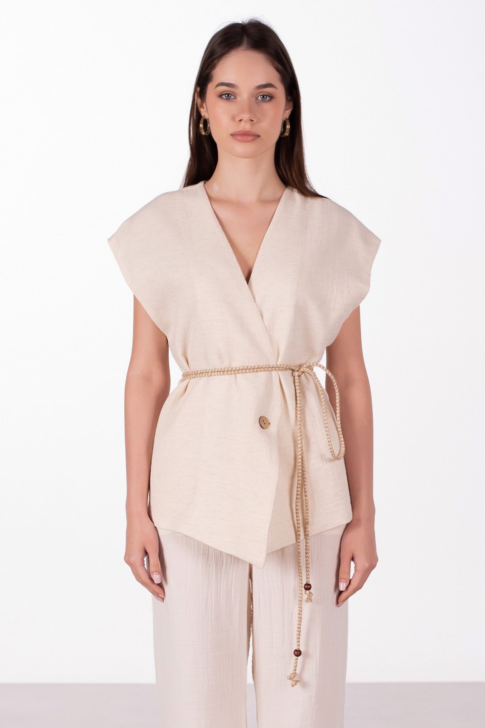 Beli bağlamalı müslin yelek-2390 SUMMER Natural