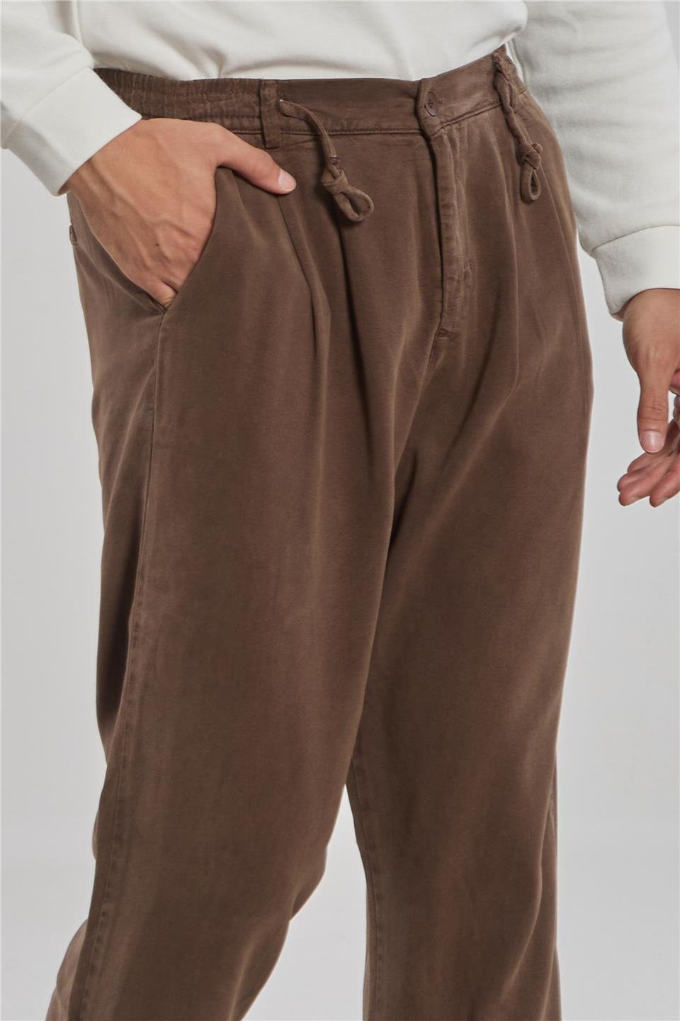 Beli bağlamalı tensel pantolon-9152 Kahve