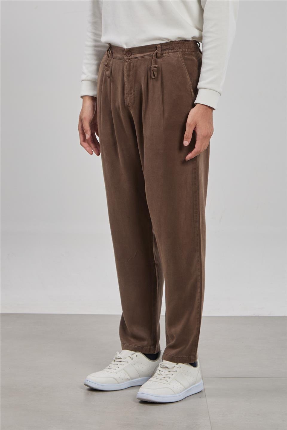 Beli bağlamalı tensel pantolon-9152 Kahve