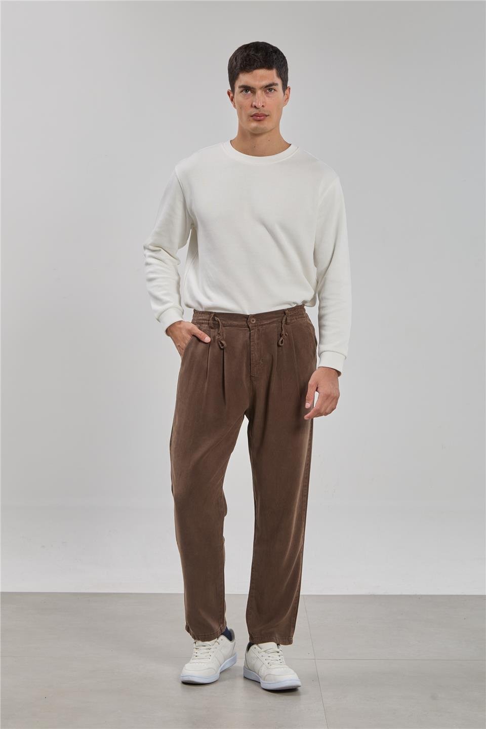 Beli bağlamalı tensel pantolon-9152 Kahve