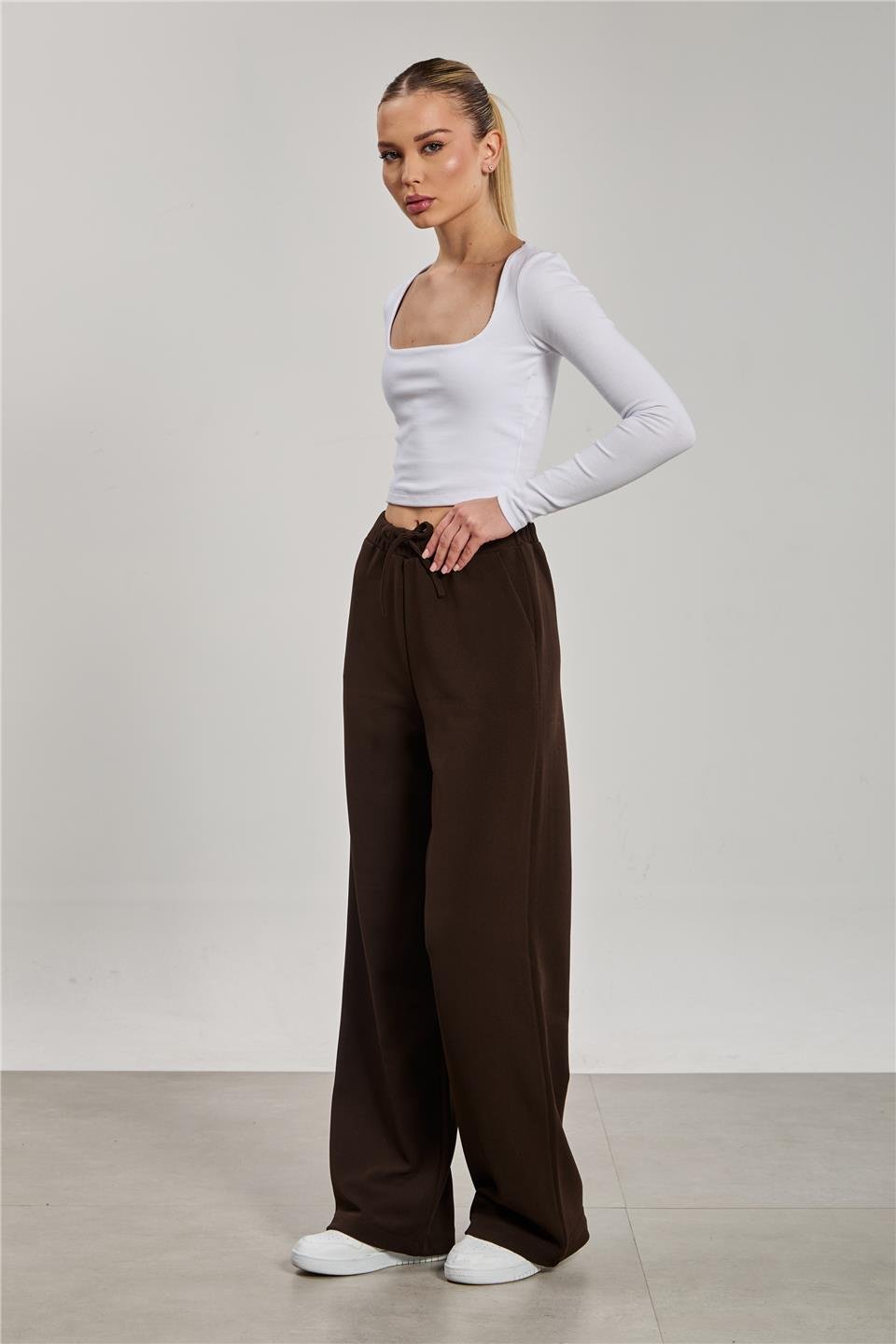 Beli ipli bol paça pantolon-2111 Kahve
