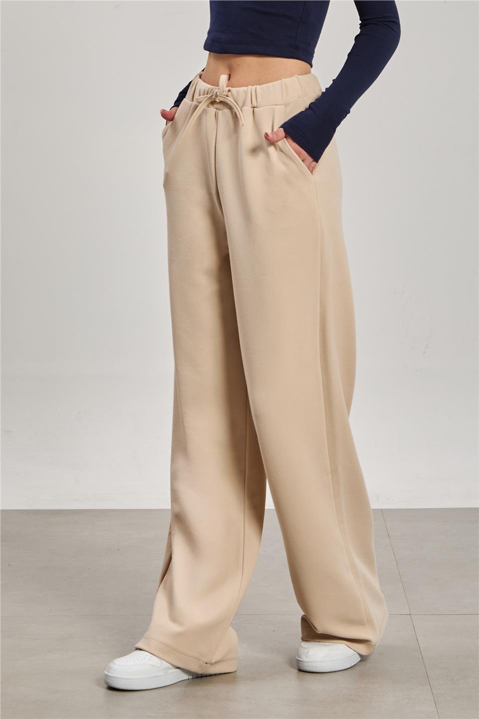 Beli ipli bol paça pantolon-2111 Taş