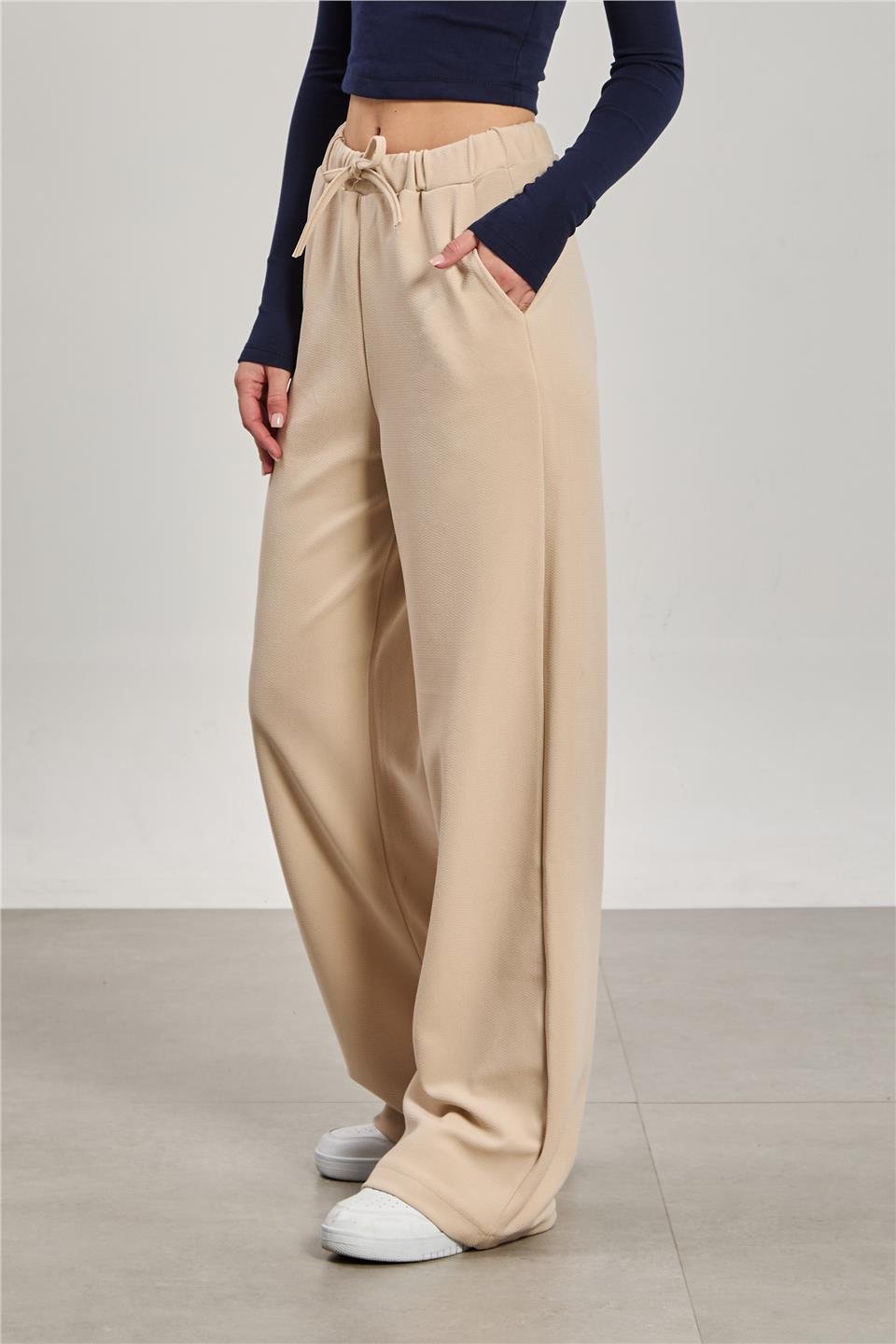 Beli ipli bol paça pantolon-2111 Taş