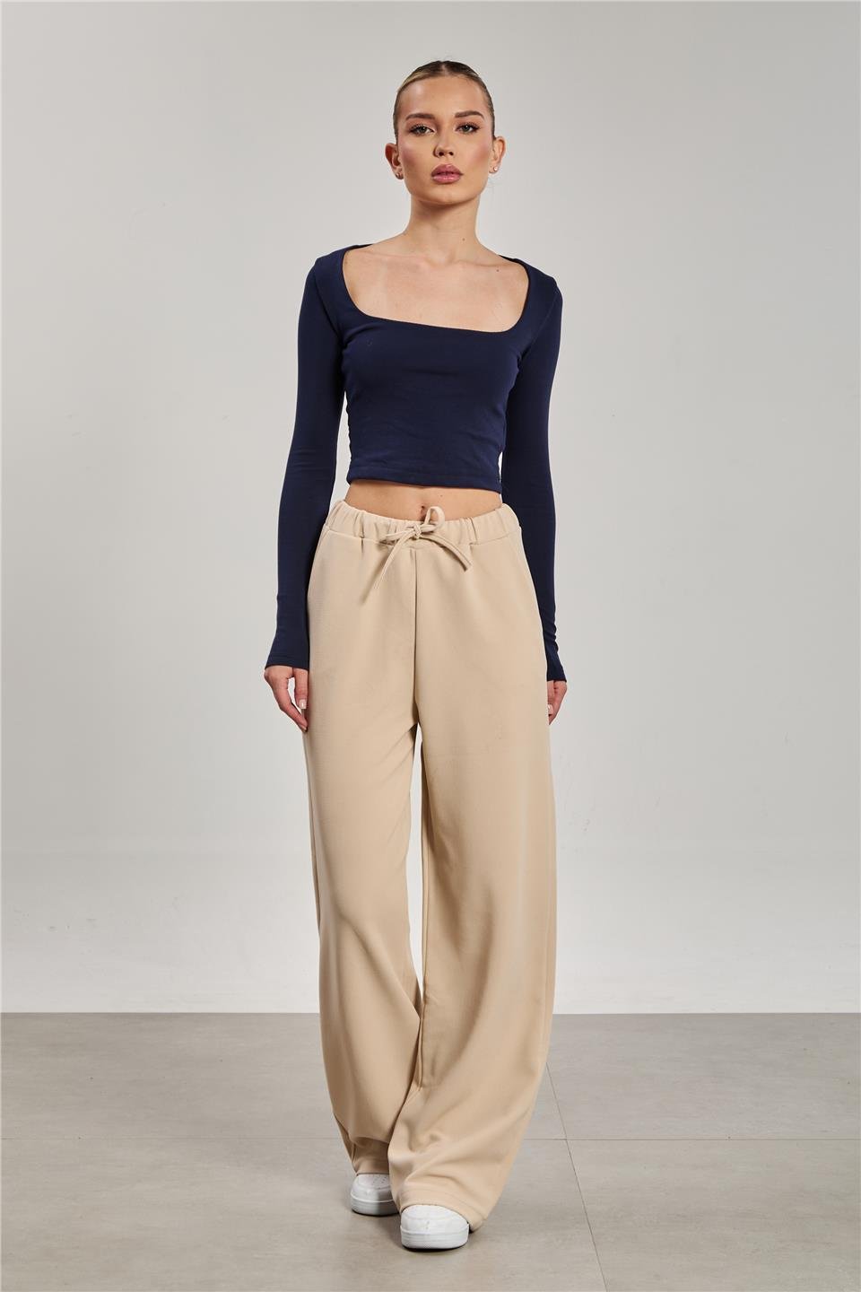 Beli ipli bol paça pantolon-2111 Taş