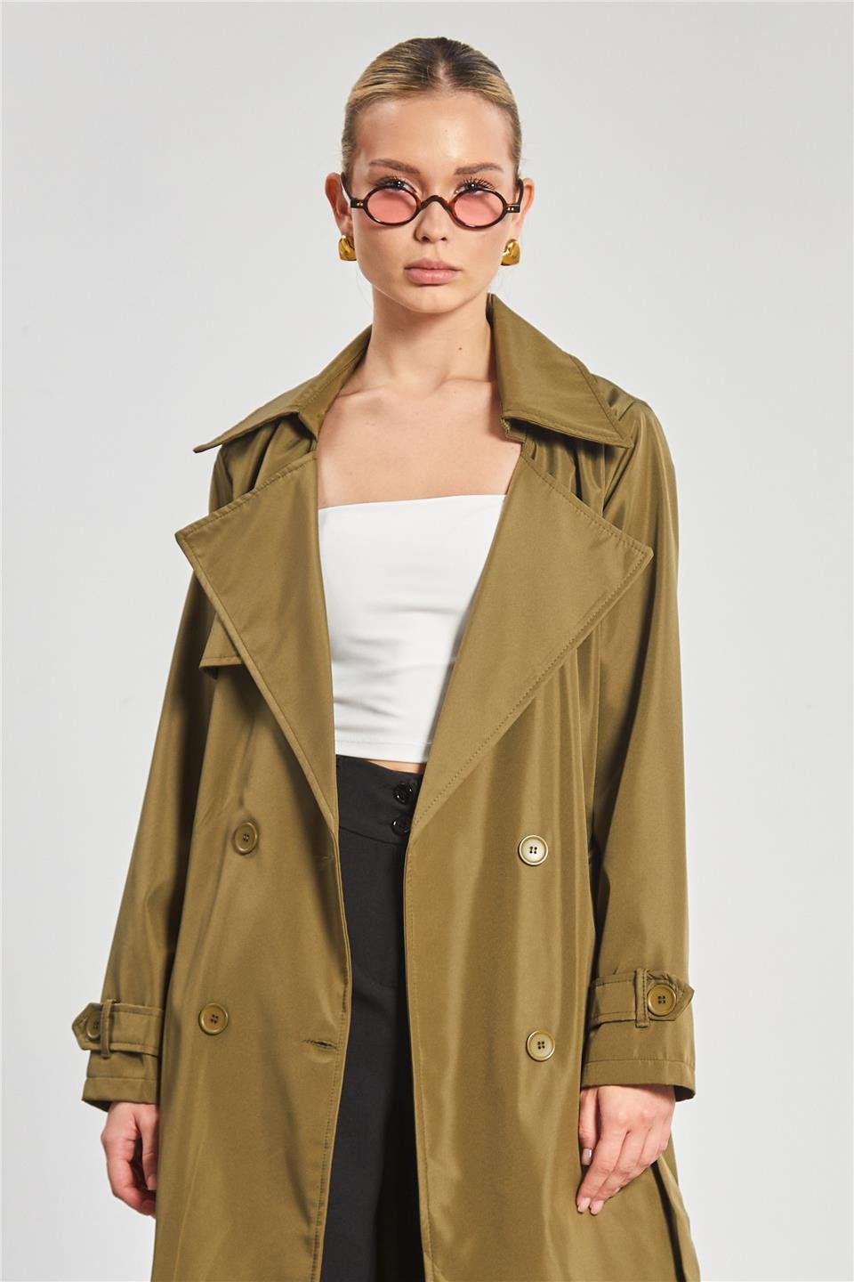 Beli kuşaklı düğmeli uzun trençkot-5918 Haki
