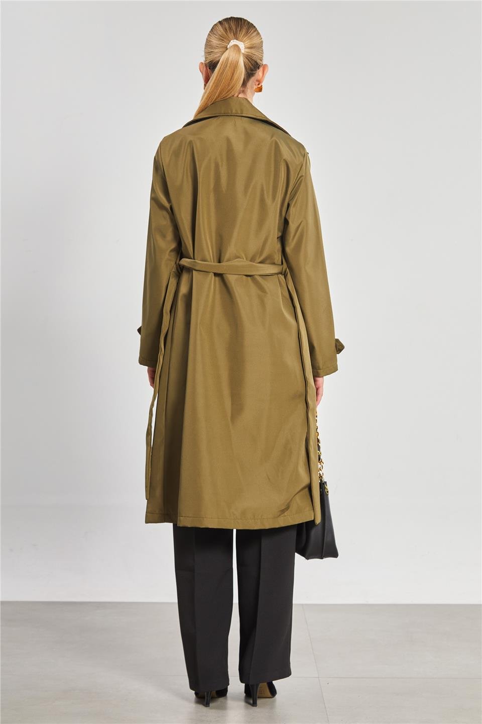 Beli kuşaklı düğmeli uzun trençkot-5918 Haki