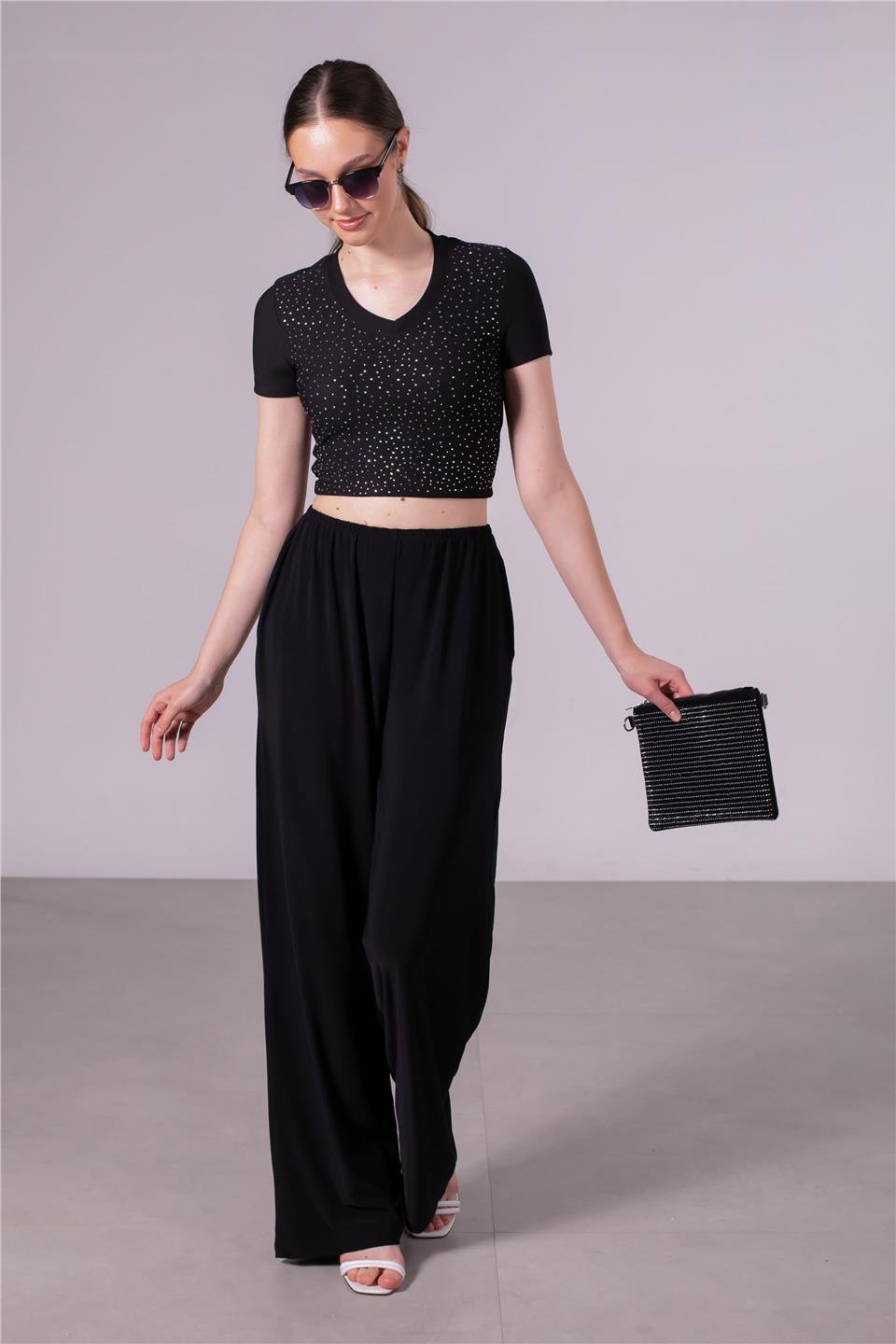 Beli lastikli bol paça pantolon-SHR-233 Siyah