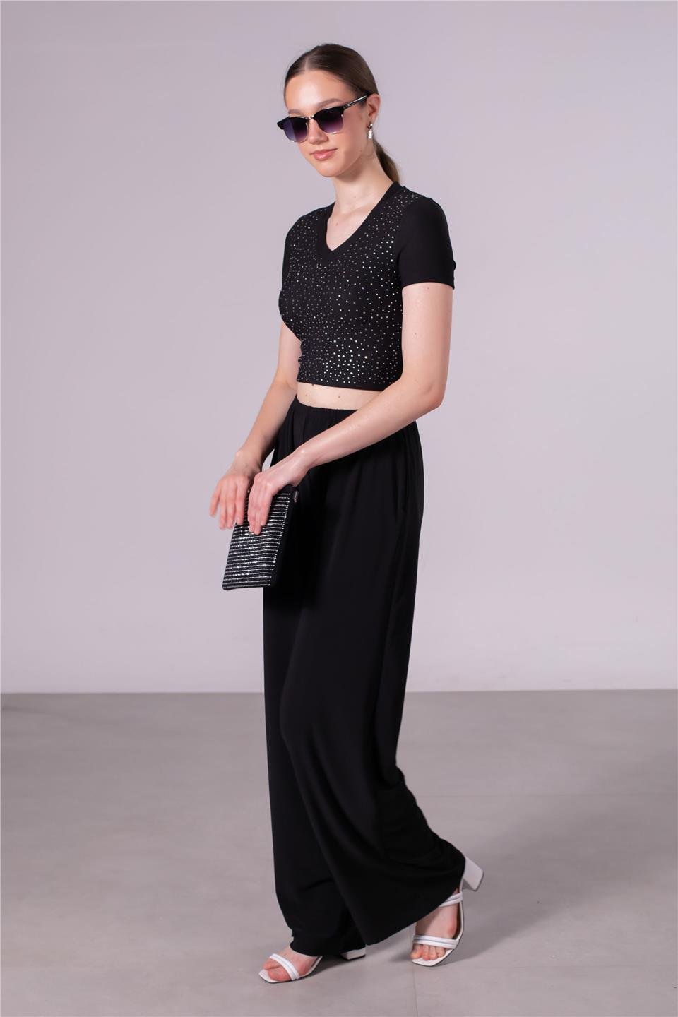 Beli lastikli bol paça pantolon-SHR-233 Siyah