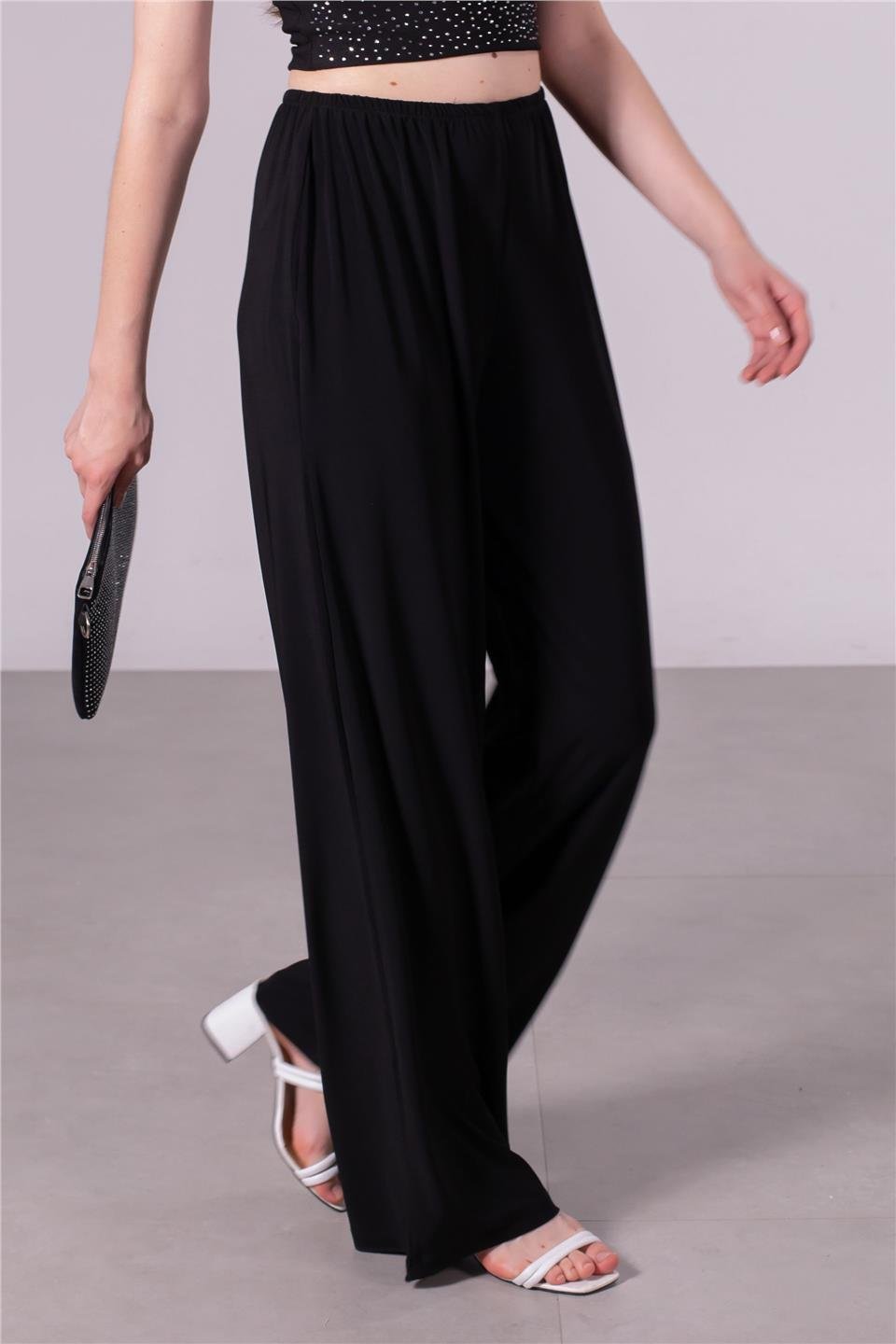 Beli lastikli bol paça pantolon-SHR-233 Siyah