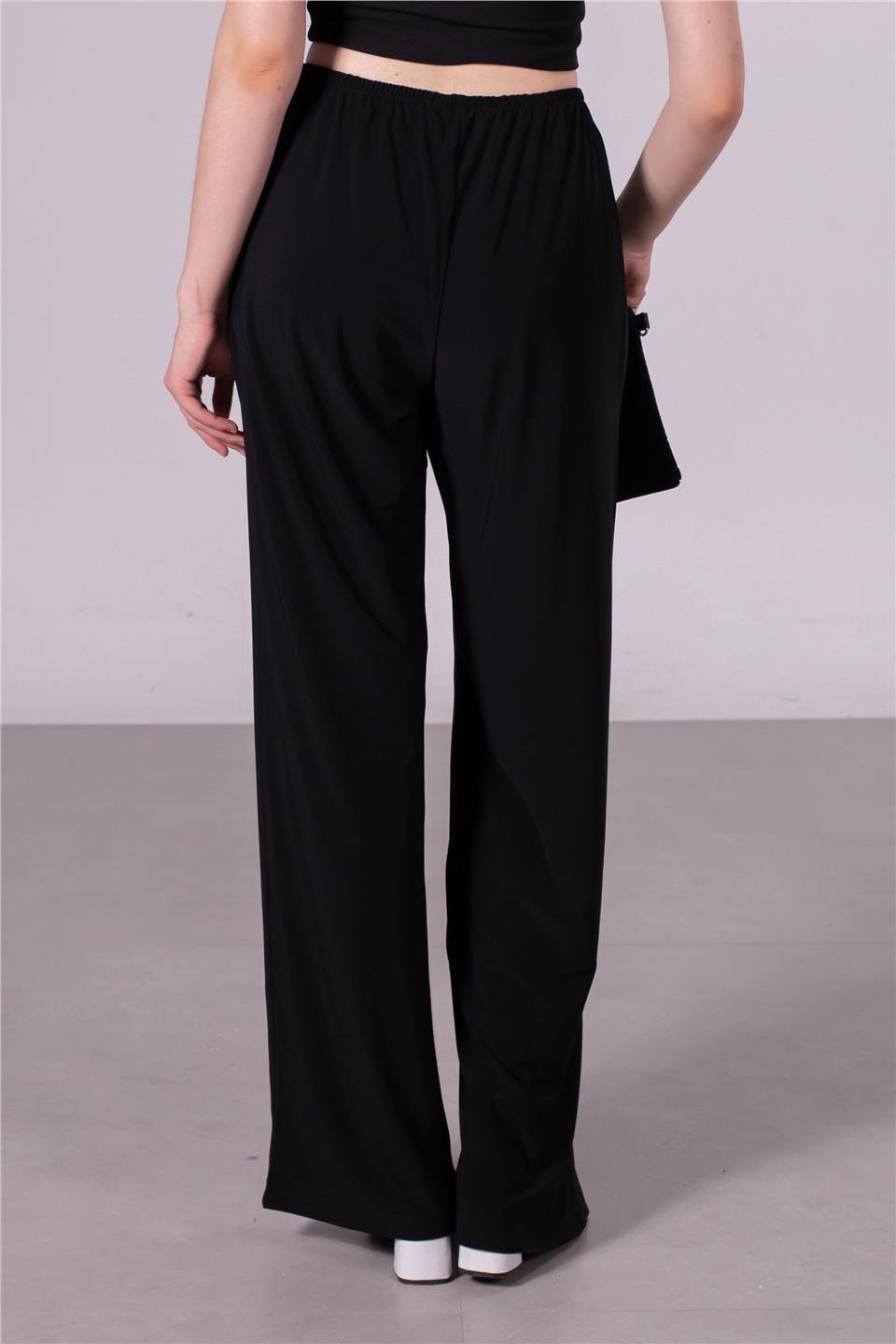 Beli lastikli bol paça pantolon-SHR-233 Siyah