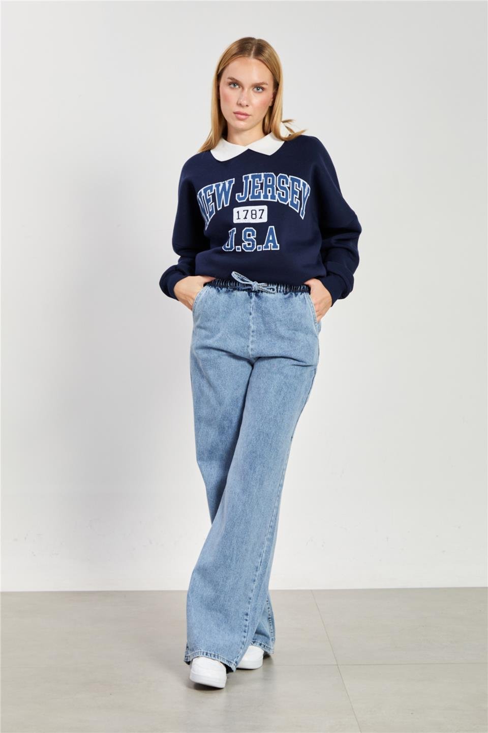 Beli lastikli gabardin bol pantolon-7023 Mavi Kar