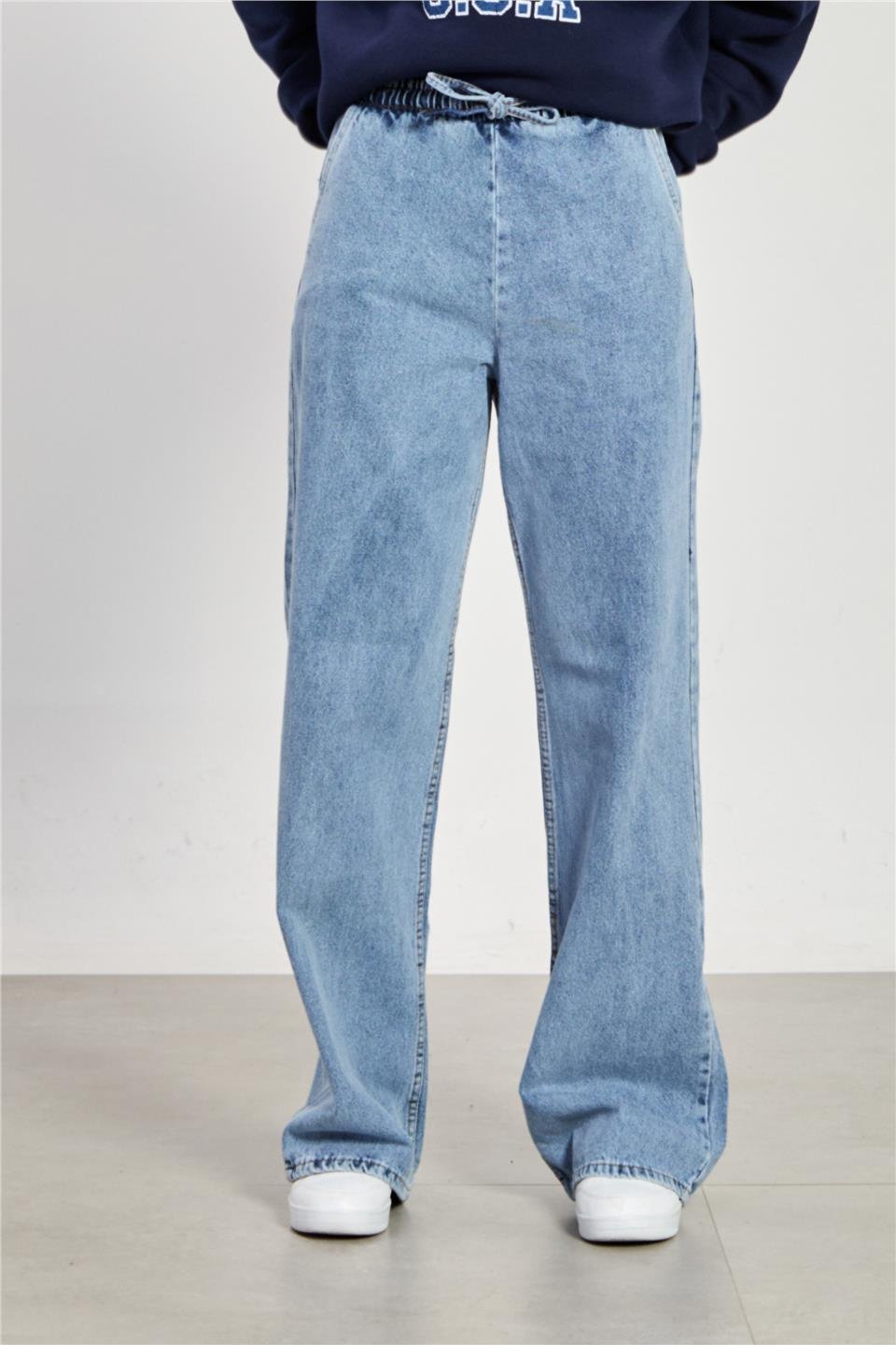 Beli lastikli gabardin bol pantolon-7023 Mavi Kar