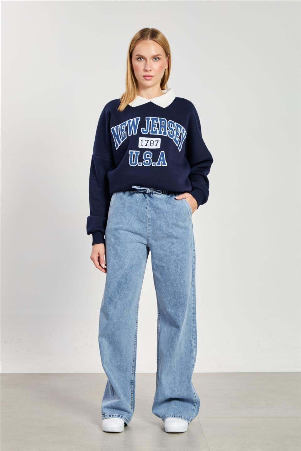 Beli lastikli gabardin bol pantolon-7023 Mavi Kar