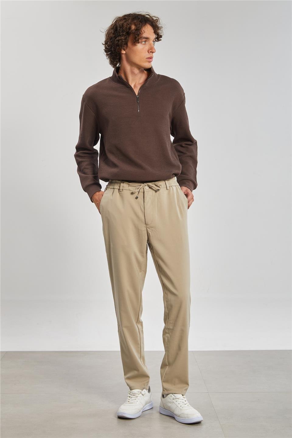 Beli Lastikli Jogger Erkek Pantolon-Bej 