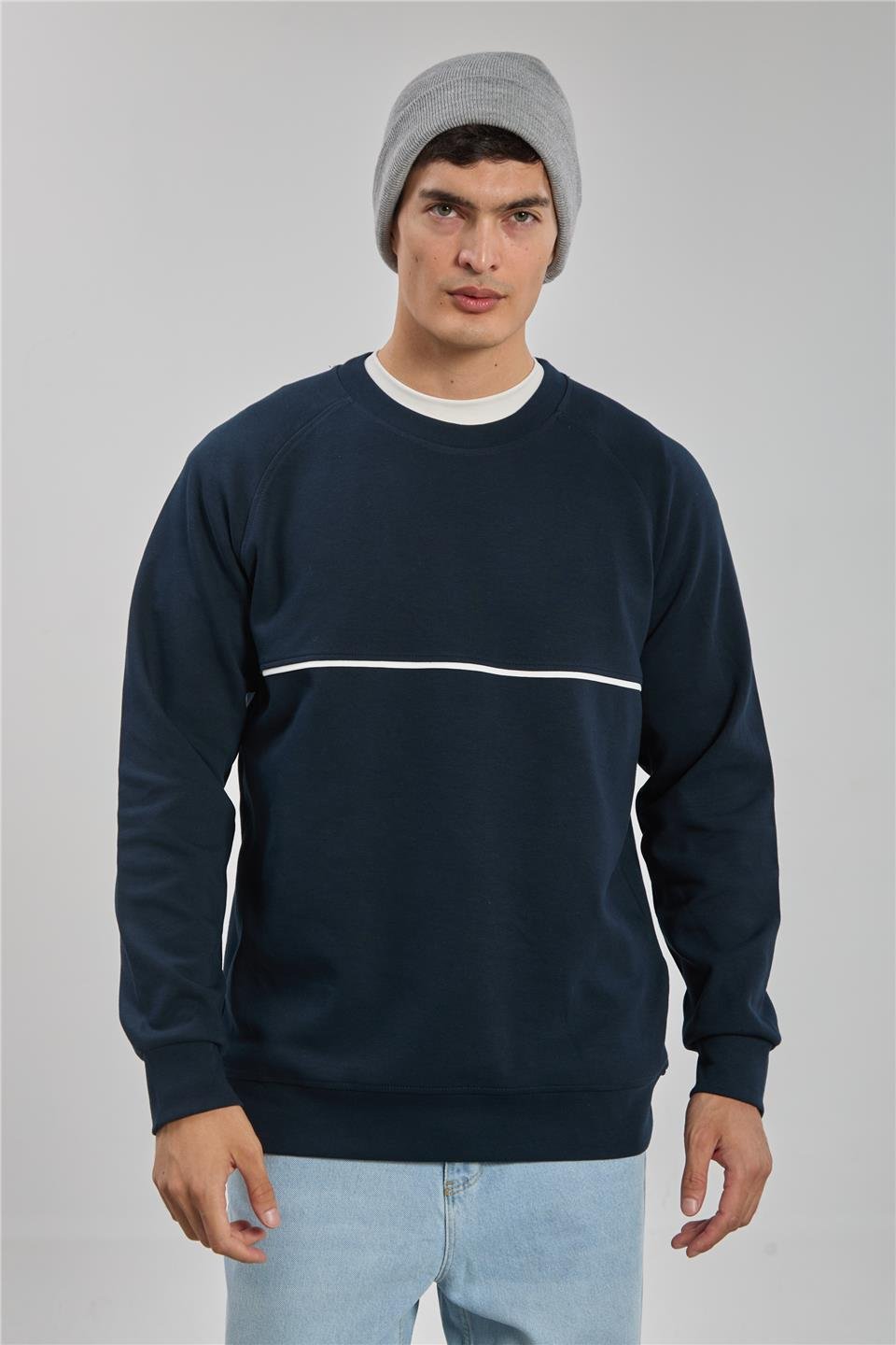 Bisiklet yaka biyeli reglon kol sweatshirt-1227 Lacivert