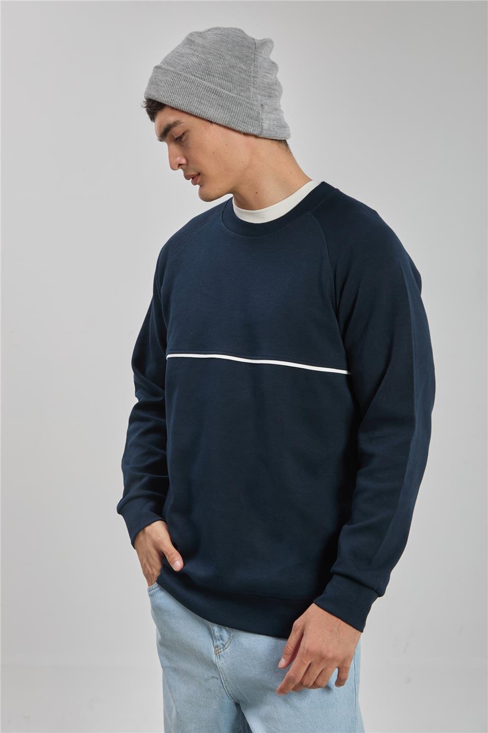 Bisiklet yaka biyeli reglon kol sweatshirt-1227 Lacivert