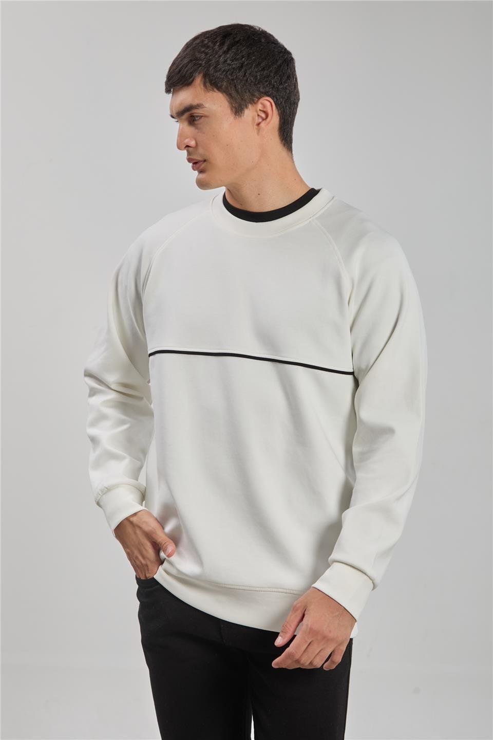 Bisiklet yaka biyeli reglon kol sweatshirt-1227 Ekru