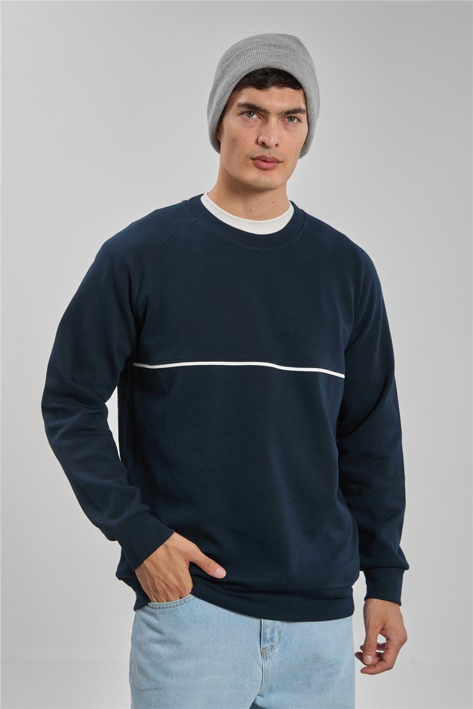 Bisiklet yaka biyeli reglon kol sweatshirt-1227 Lacivert
