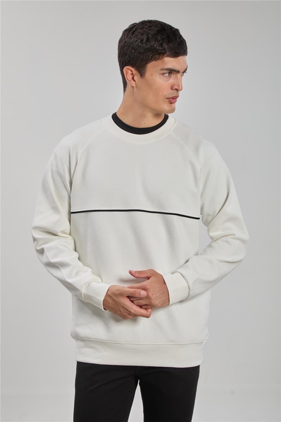 Bisiklet yaka biyeli reglon kol sweatshirt-1227 Ekru