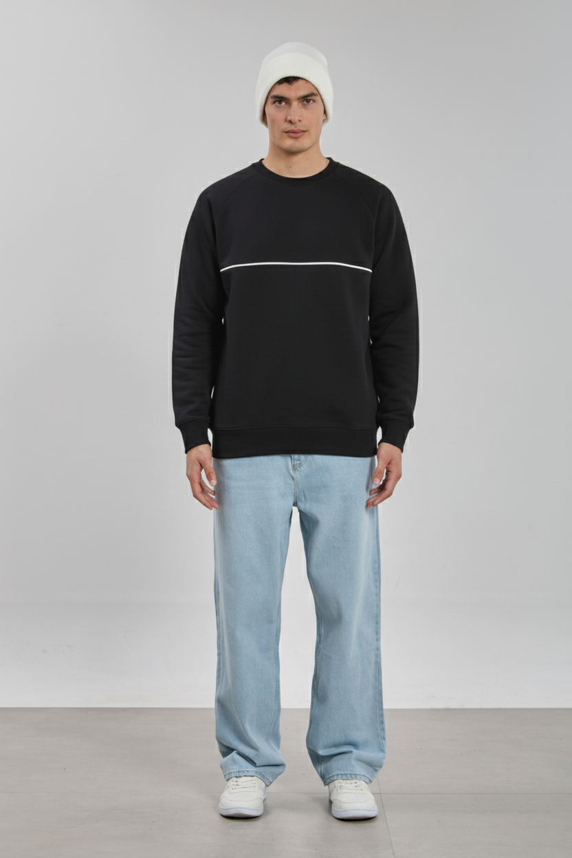 Bisiklet yaka biyeli reglon kol sweatshirt-1227 Siyah