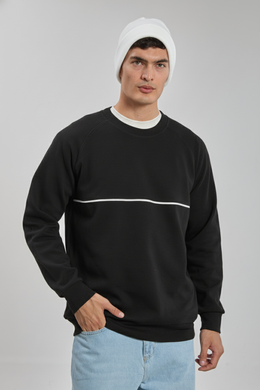 Bisiklet yaka biyeli reglon kol sweatshirt-1227 Siyah