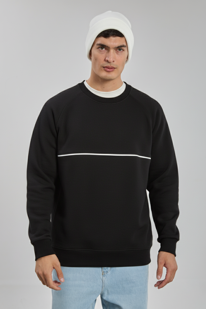 Bisiklet yaka biyeli reglon kol sweatshirt-1227 Siyah