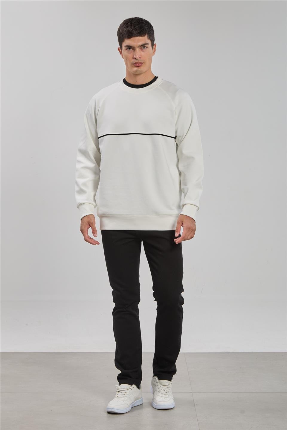 Bisiklet yaka biyeli reglon kol sweatshirt-1227 Ekru