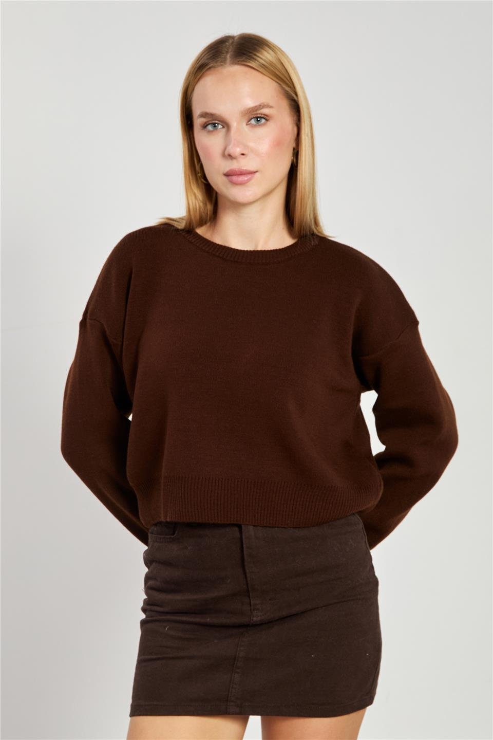 Bisiklet yaka crop kazak-1795 Acı Kahve