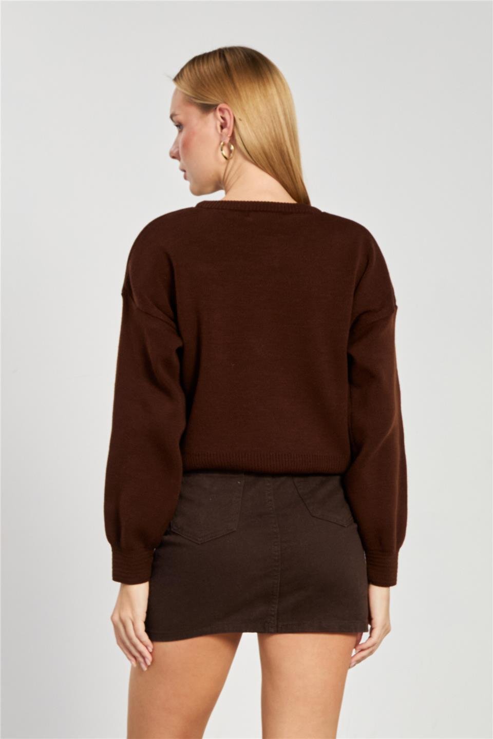 Bisiklet yaka crop kazak-1795 Acı Kahve