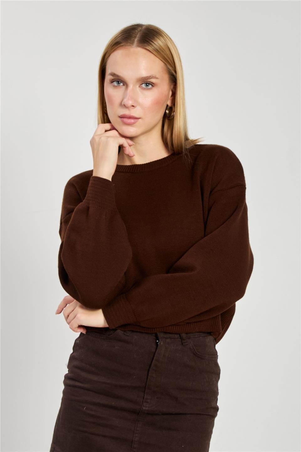 Bisiklet yaka crop kazak-1795 Acı Kahve