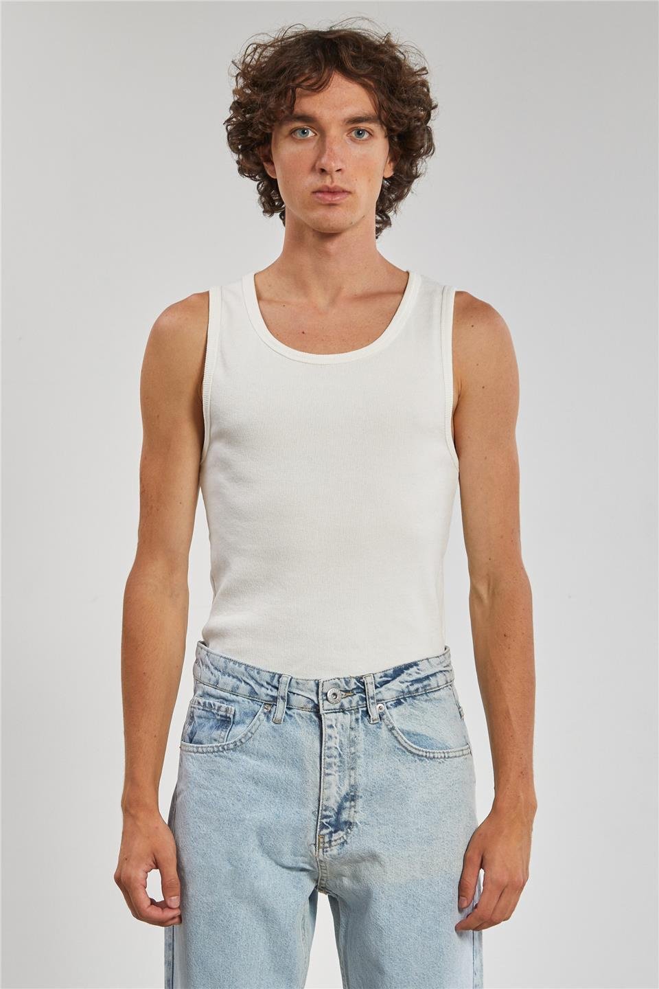 Bisiklet Yaka Erkek Atlet - Beyaz