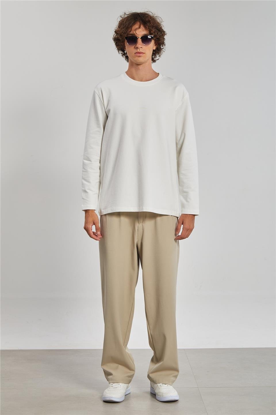 Bisiklet Yaka Erkek Sweat - Ekru