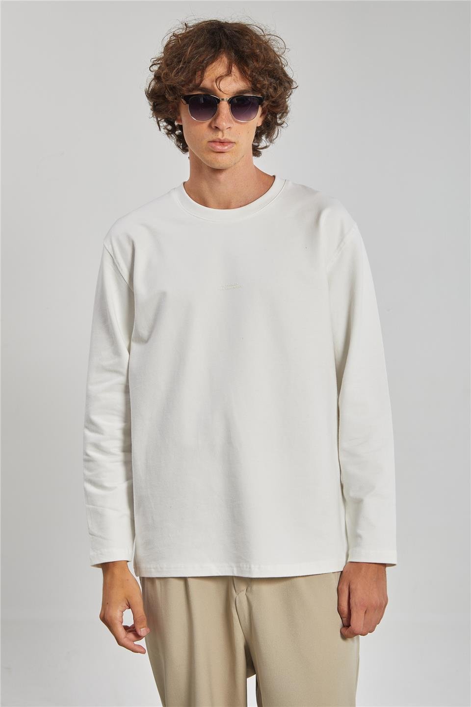 Bisiklet Yaka Erkek Sweat - Ekru