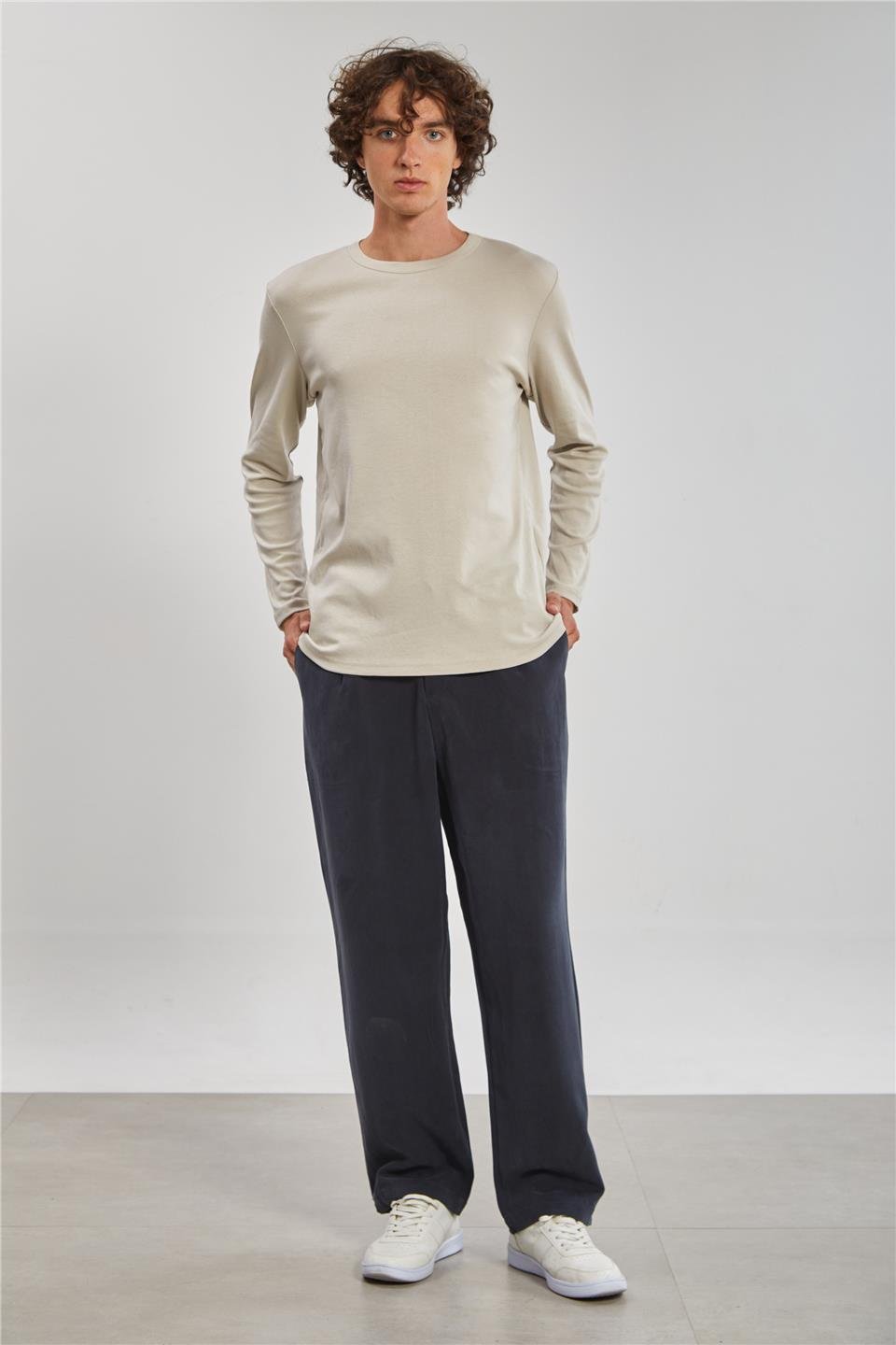 Bisiklet Yaka Erkek Sweatshirt - Bej 